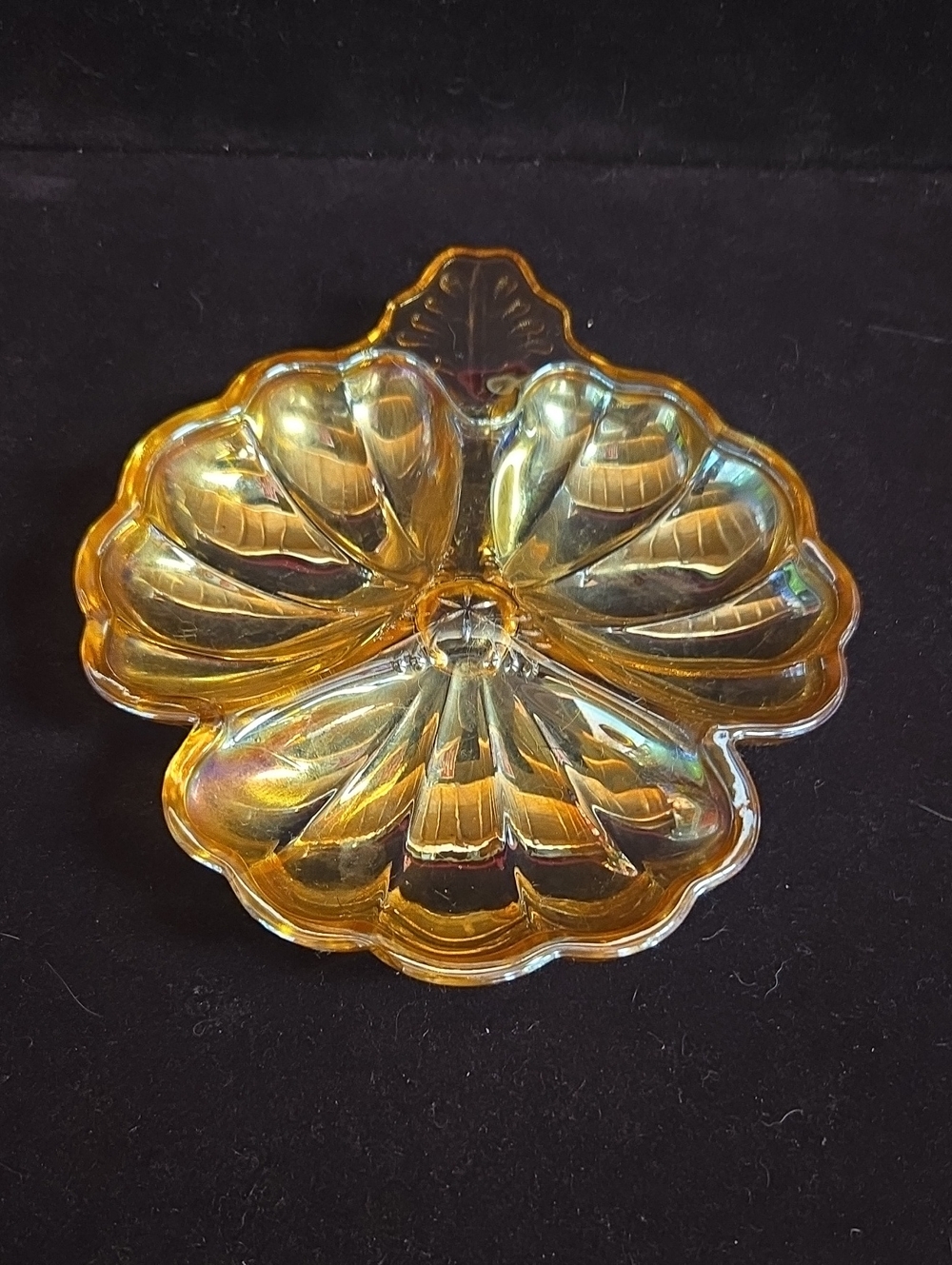 VTG Jeannette Marigold Carnival Glass 3 Section Clover Flower Candy Relish Dish